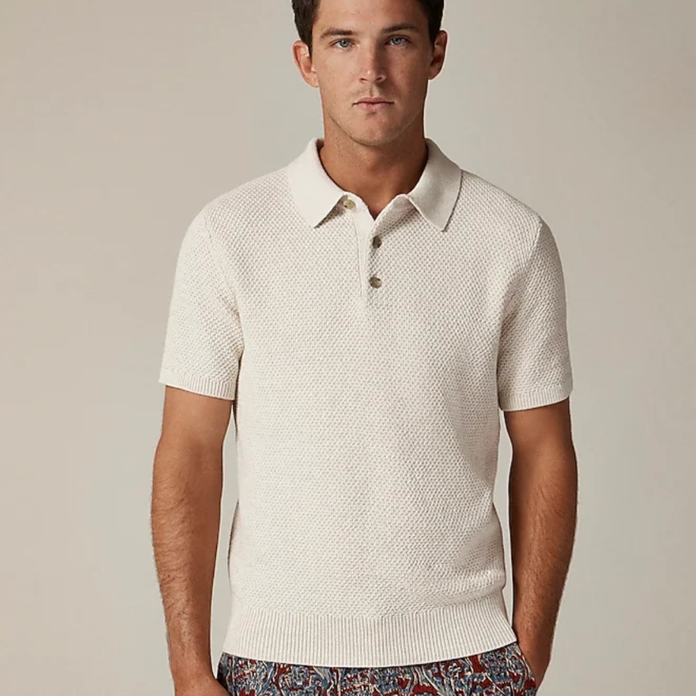 Men's Cream Polo Short-sleeve cotton seed-stitch sweater-polo